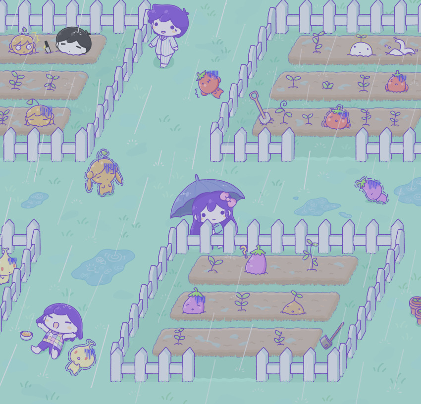 1girl, 3boys, absurdres, aubrey_(headspace)_(omori), aubrey_(omori), barefoot, black_hair, bow