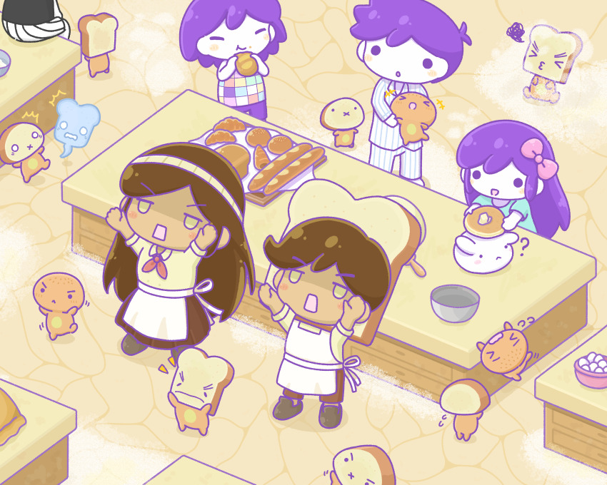 2girls, 4boys, ?, absurdres, aubrey_(headspace)_(omori), aubrey_(omori), baguette, biscuit_(omori), blue_shirt, bow, bread, brown_hair, chibi, closed_mouth, colored_skin, croissant, dark-skinned_female, dark-skinned_male, dark_skin, doughie_(omori), eating, food, hair_bow, hero_(headspace)_(omori), hero_(omori), highres, holding, holding_food, kel_(headspace)_(omori), kel_(omori), long_hair, multiple_boys, multiple_girls, omori, omori_(omori), open_mouth, pancake_bunny_(omori), pink_bow, purple_hair, sesame_(omori), shirt, short_hair, short_sleeves, slice_(omori), sourdough_(omori), toast_ghost_(omori), wafu_(wafu39080), white_skin