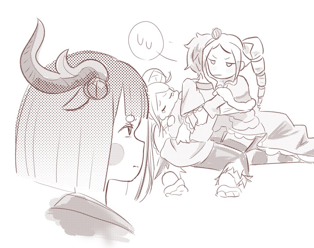 3girls, antlers, arms_around_another, barefoot, beatrice_(re:zero), bob_cut, capelet, deer_girl