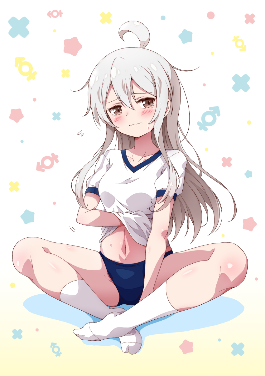 1girl, absurdres, ahoge, averting_eyes, blue_buruma, blush, brown_eyes, buruma