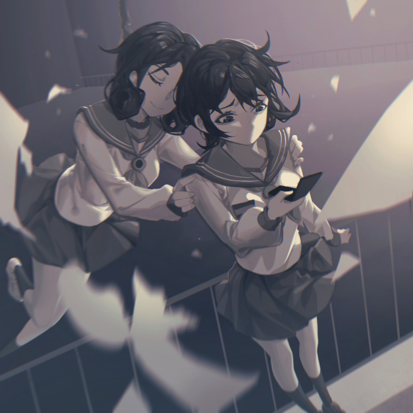 2girls, black_hair, black_skirt, cellphone, character_request, check_character, closed_eyes, corpse_party