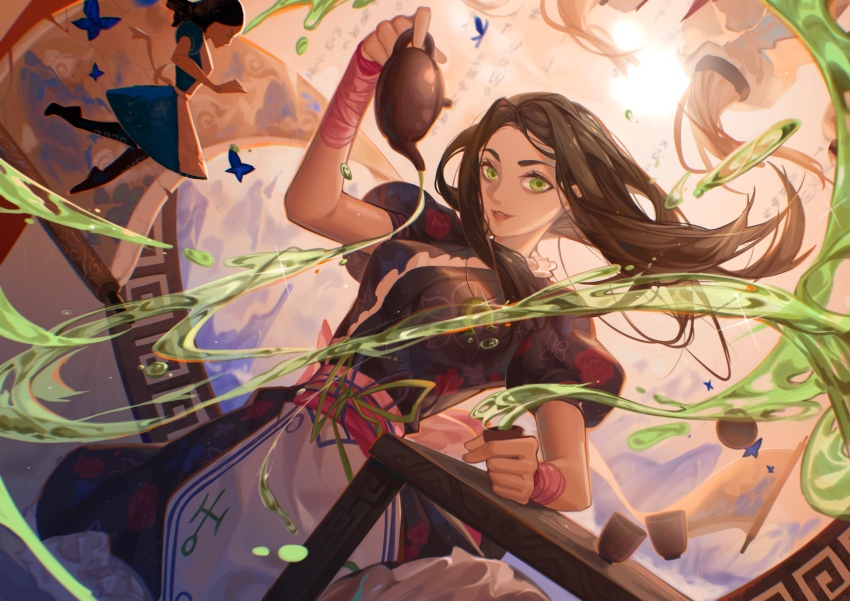 1girl, absurdres, alice:_madness_returns, alice_liddell_(american_mcgee's_alice), american_mcgee's_alice, blue_butterfly, brown_hair, bug, butterfly, commentary, cup, doll, english_commentary, green_eyes, highres, indoors, insect, long_hair, looking_at_viewer, mr.gx, pouring, solo, table, tea, teacup, window