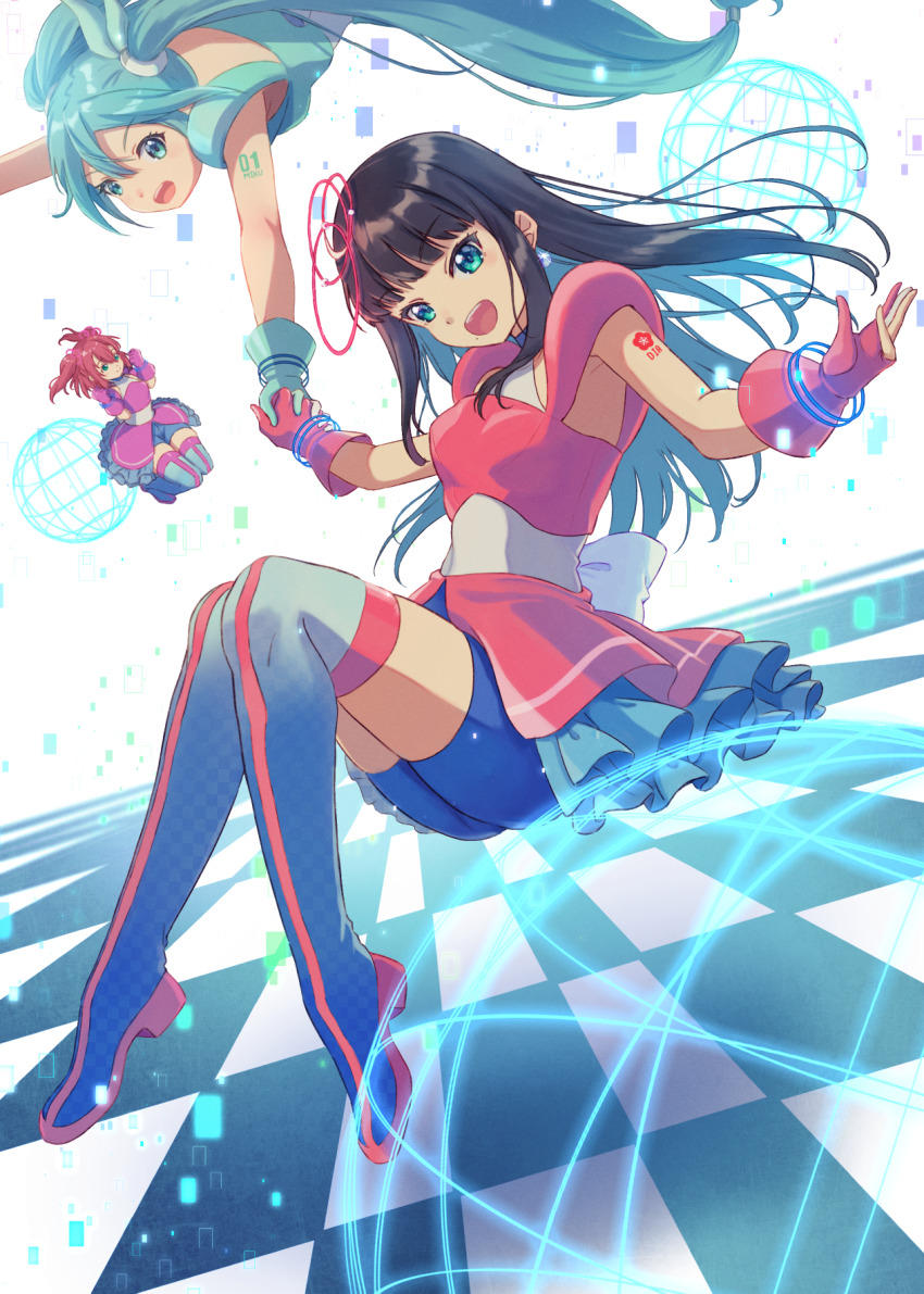 3girls, :d, aqua_eyes, aqua_hair, argyle_background, argyle_clothes, arm_tattoo, banzai!_digital_trippers, bike_shorts, black_hair, blue_eyes, blue_hair, blush_stickers, boots, checkered_background, checkered_clothes, checkered_flag, checkered_floor, checkered_legwear, facepaint, facial_mark, facial_tattoo, flag, floating, floating_hair, gloves, hair_between_eyes, hair_ribbon, hatsune_miku, headset, heart, heart_tattoo, highres, holding_hands, kurosawa_dia, kurosawa_ruby, long_hair, looking_at_viewer, love_live!, love_live!_sunshine!!, macken666, midriff, miniskirt, multiple_girls, navel, number_tattoo, open_mouth, outstretched_arms, pink_boots, pink_gloves, pink_hair, pink_skirt, red_gloves, revision, ribbon, shirt, short_hair, shorts, shorts_under_skirt, shoulder_tattoo, skirt, sleeveless, sleeveless_shirt, smile, tattoo, thigh_boots, thighhighs, tile_floor, tiles, twintails, very_long_hair, vocaloid