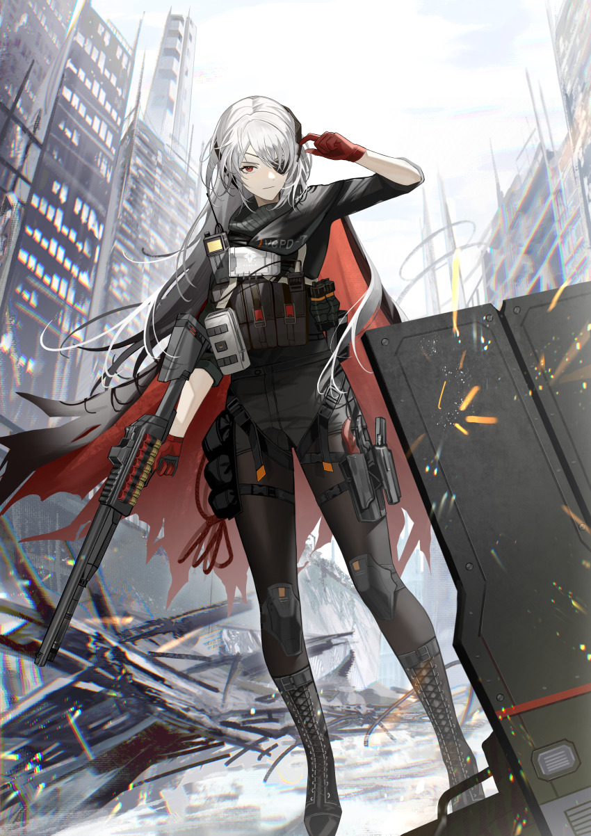 12-gauge, 1girl, absurdres, ammunition, ballistic_shield, benelli_m4_super_90, black_cape, black_pants