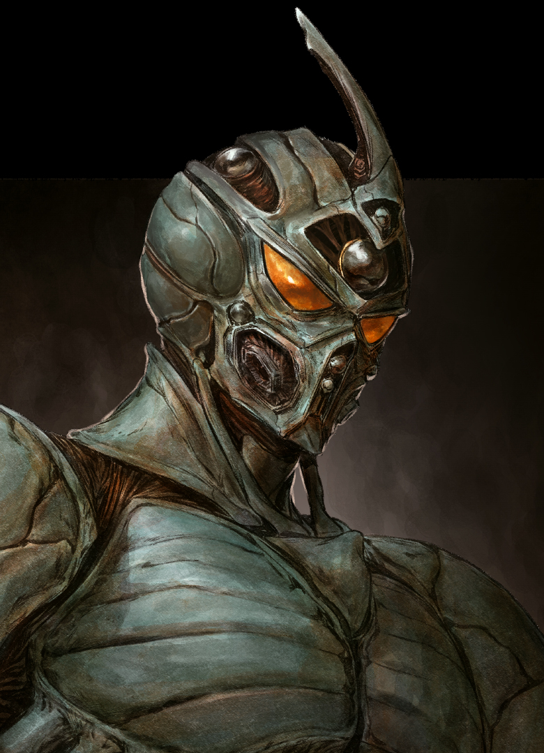1boy, armor, black_background, dave_rapoza, guyver_i, kyoushoku_soukou_guyver, male_focus, power_armor