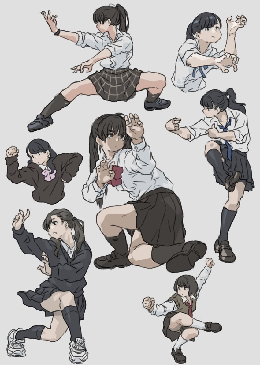 6+girls, black_hair, black_skirt, grey_background, highres, kung_fu, m_k, multiple_girls
