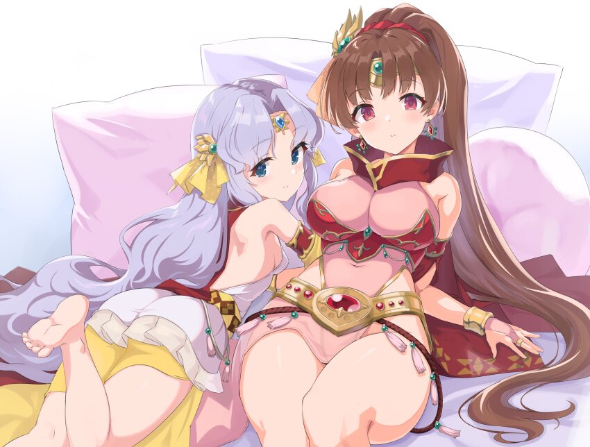 2girls, artistic_error, ass, backless_dress, backless_outfit, bare_shoulders, barefoot, bed, belt, blue_eyes, breasts, brown_hair, circlet, cleavage, dress, earrings, feet, fire_emblem, fire_emblem:_mystery_of_the_emblem, fire_emblem:_thracia_776, fire_emblem_heroes, hair_ornament, hair_spread_out, highres, jewelry, large_breasts, light_purple_hair, linde_(fire_emblem), linde_(khadein)_(fire_emblem), long_hair, looking_at_viewer, looking_back, lying, multiple_girls, nintendo, official_alternate_costume, on_stomach, pera, pillow, ponytail, red_eyes, sara_(fire_emblem), sara_(khadein)_(fire_emblem), sideboob, small_breasts, smile, thighs, wrong_foot