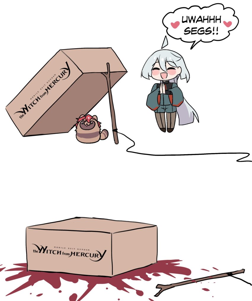 1girl, 2koma, ahoge, blood, blood_splatter, blush, box, chibi, closed_eyes, comic, copyright_name, drop_trap, english_text, engrish_text, grey_shirt, grey_shorts, gundam, gundam_suisei_no_majo, hair_between_eyes, heart, highres, hinghoi, logo, long_hair, meme, miorine_rembran, objectification, open_mouth, own_hands_together, palms_together, ranguage, red_hair, seggs_(meme), shirt, short_hair_with_long_locks, shorts, simple_background, smile, solo, speech_bubble, split_mouth, stick, string, stuffed_toy, suletta_mercury, very_long_hair, white_background, wide_sleeves