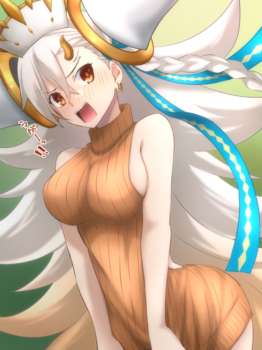 1girl, alternate_costume, bare_shoulders, blush, braid, breasts, brown_eyes, brown_hair