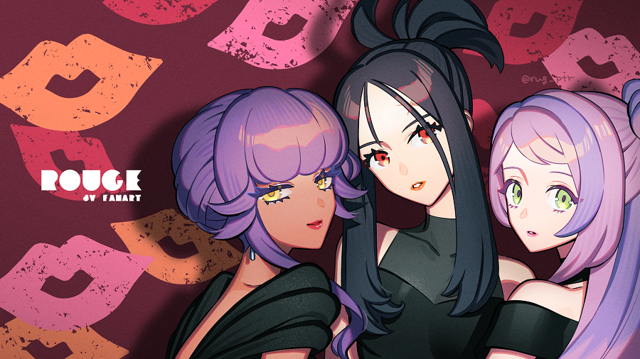 3girls, asymmetrical_hair, bare_shoulders, black_hair, colored_eyelashes, cross_scar, dark-skinned_female, dark_skin