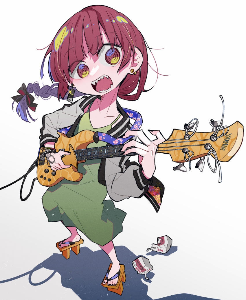 1girl, @_@, alcohol_carton, bass_guitar, black_bow, black_jacket, black_nails, blunt_bangs