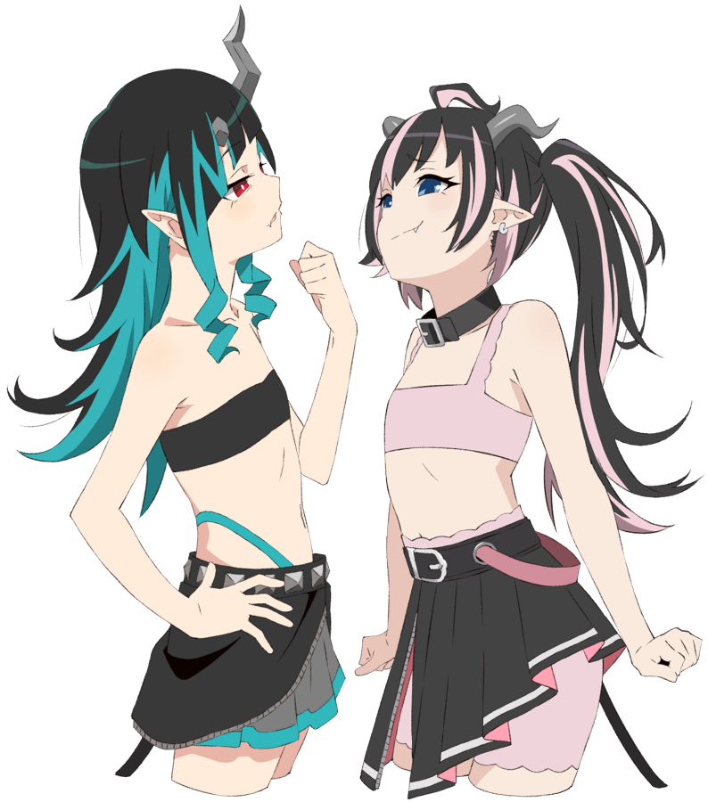 2girls, ahoge, akitetsu, bandeau, belt, belt_collar, black_bandeau, black_belt