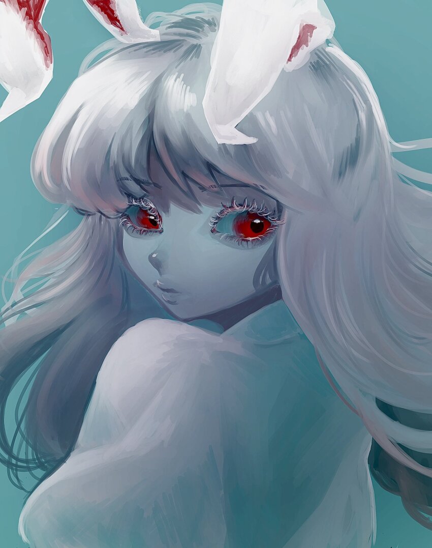 1girl, animal_ears, blue_background, blue_theme, closed_mouth, collared_shirt, commentary_request, expressionless