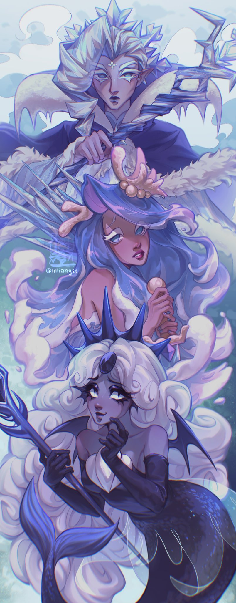 3girls, aqua_eyes, aqua_hair, asymmetrical_bangs, bat_wings, black_eyes, black_gloves, black_pearl_cookie