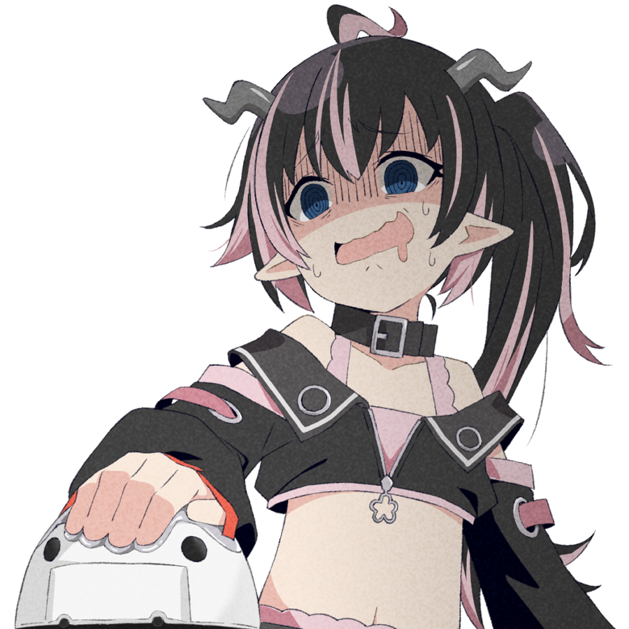 1girl, ahoge, akitetsu, belt, belt_collar, black_belt, black_hair, black_jacket, blue_eyes, bra, collar, cropped_jacket, demon_girl, demon_horns, female_focus, flat_chest, gloom_(expression), grey_horns, horns, jacket, loli, long_hair, long_sleeves, midriff, multicolored_hair, nanashi_inc., navel, nervous, off_shoulder, oinomori_may, oinomori_may_(1st_costume), one_side_up, open_clothes, open_jacket, open_mouth, pink_bra, pink_hair, pointy_ears, ringed_eyes, shaded_face, simple_background, solo, two-tone_hair, underwear, upper_body, virtual_youtuber
