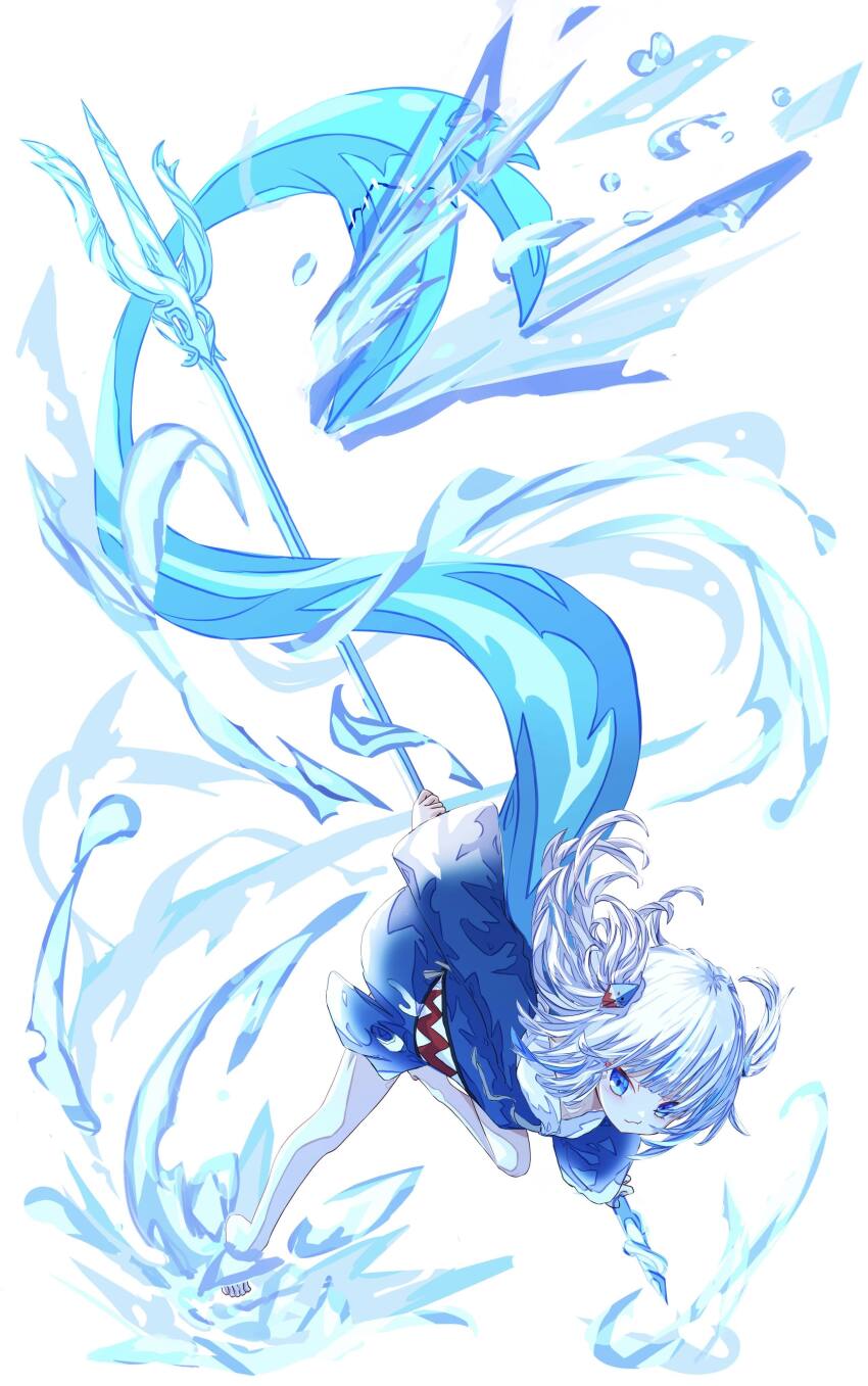 1girl, absurdres, animal_hood, bent_over, blue_eyes, closed_mouth, fins, fish_tail, gawr_gura, highres, holding_polearm, hololive, hololive_english, hood, polearm, shark_hood, shark_tail, short_twintails, simple_background, smile, solo, tail, tatsunami1379, trident, twintails, virtual_youtuber, water, weapon, white_background, white_hair