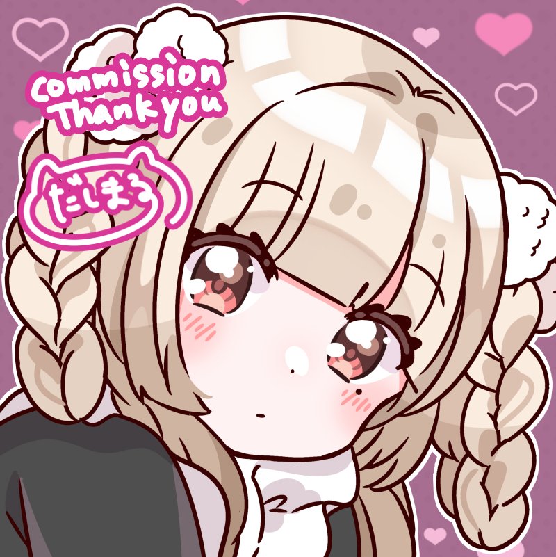 1girl, blonde_hair, blush, commission, dasimaru000000, dot_nose, english_text, female_focus