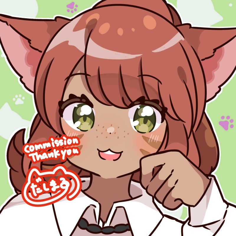 1girl, animal_ears, commission, dasimaru000000, dot_nose, english_text, facial_mark, female_focus