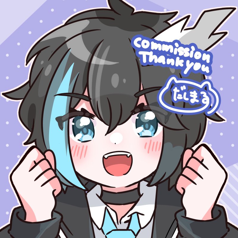 1other, black_hair, blue_hair, blush, commission, dasimaru000000, dot_nose, english_text