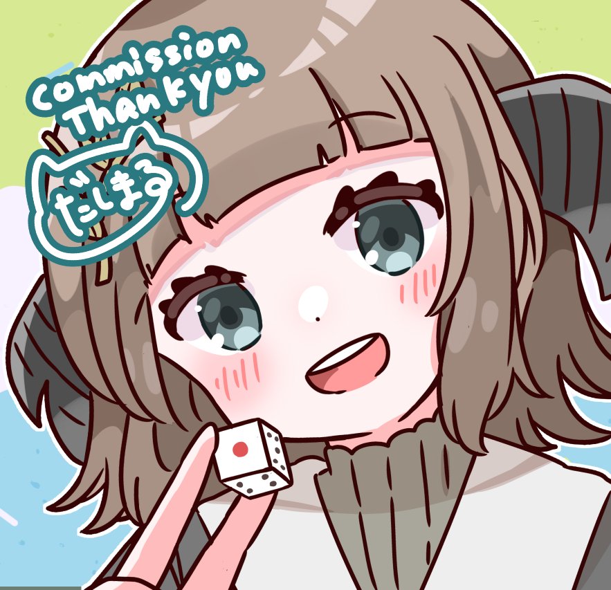 1girl, blue_eyes, blush, brown_hair, commission, dasimaru000000, dice, dot_nose