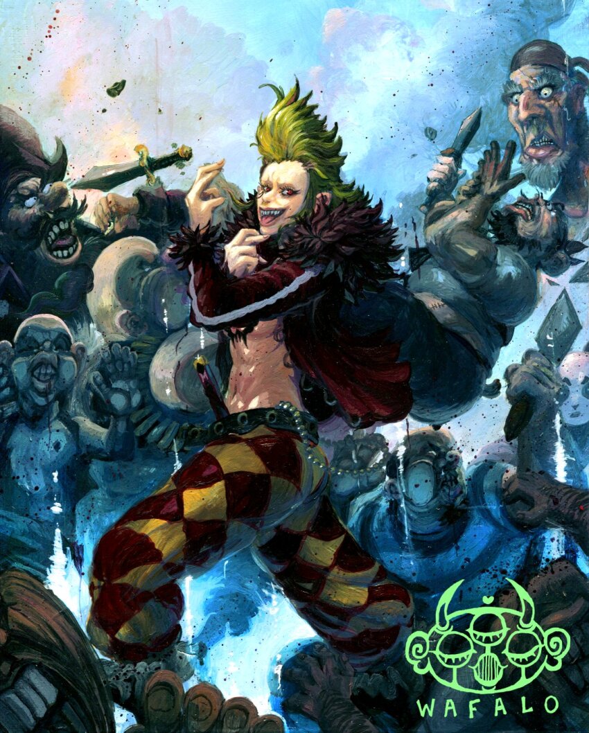 1girl, 6+boys, abs, acrylic_paint_(medium), artist_logo, artist_name, axe, baggy_pants