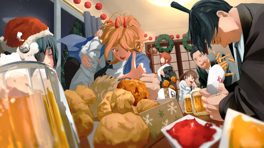 3boys, 4girls, absurdres, beer_mug, black_coat, black_hair, black_jacket, black_necktie, black_pants, blonde_hair, blue_jacket, blush, braid, braided_ponytail, brown_hair, chainsaw_man, chicken_(food), christmas, clenched_teeth, clip, closed_eyes, coat, collared_shirt, cross-shaped_pupils, cup, denji_(chainsaw_man), eyepatch, facing_down, food, formal_clothes, french_fries, hat, hayakawa_aki, hdhenry, higashiyama_kobeni, highres, himeno_(chainsaw_man), hirokazu_arai_(chainsaw_man), horns, jacket, kfc, long_hair, looking_at_another, looking_to_the_side, makima_(chainsaw_man), medium_hair, mug, multiple_boys, multiple_girls, necktie, night, open_mouth, pants, power_(chainsaw_man), reaching, red_hair, red_horns, ringed_eyes, santa_hat, sharp_teeth, shirt, shirt_tucked_in, short_hair, short_twintails, single_sidelock, suit, suit_jacket, symbol-shaped_pupils, teeth, topknot, twintails, white_shirt, window, yellow_eyes