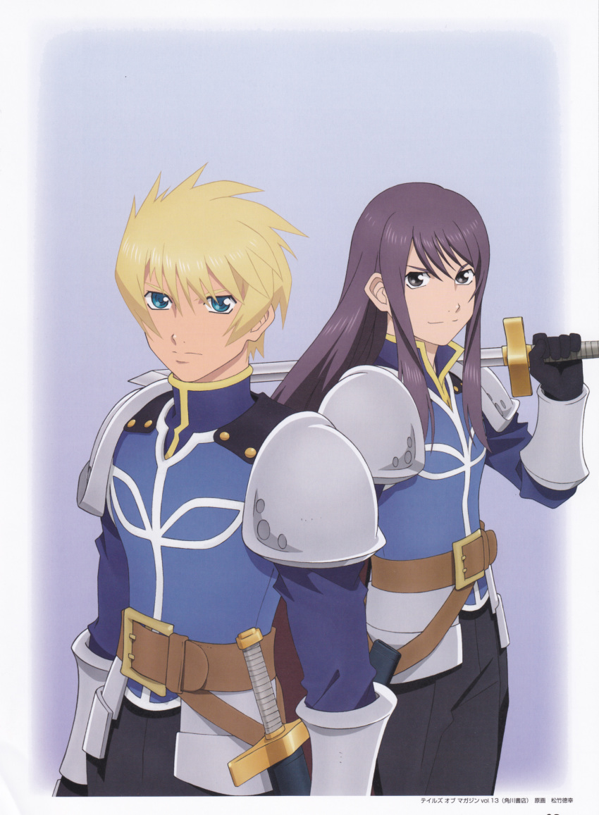 00s, 2boys, absurdres, armor, black_eyes, black_hair, blonde_hair, blue_background