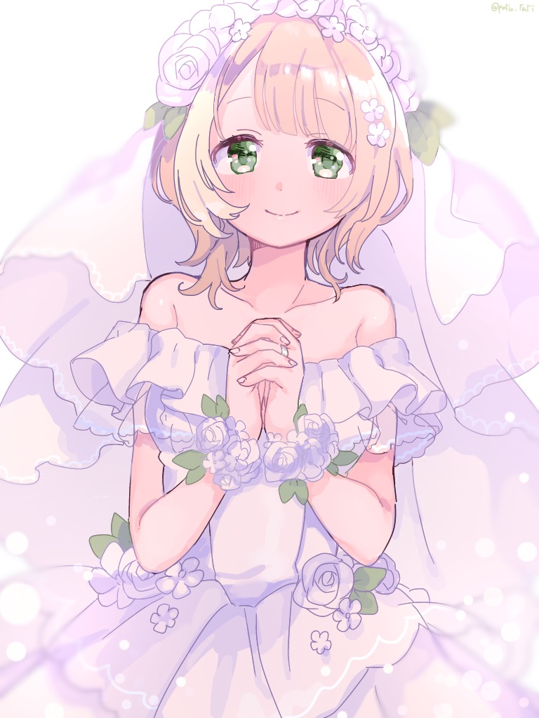 1girl, alternate_costume, blunt_bangs, blush, bride, closed_mouth, dress, flower