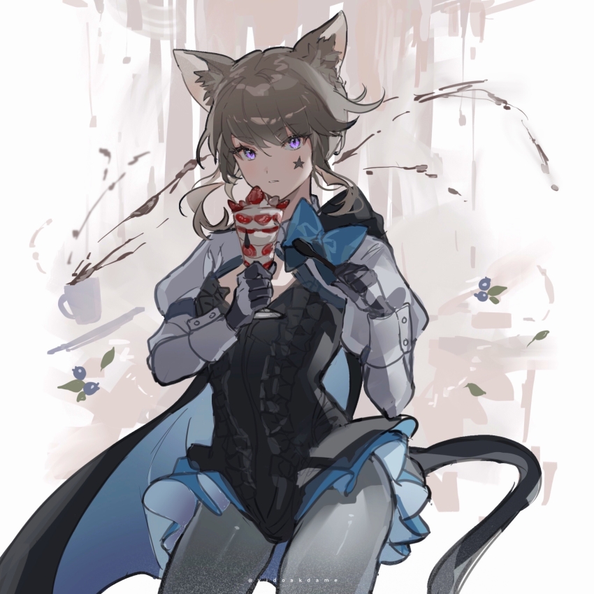 1girl, animal_ears, artist_name, black_cape, black_gloves, cape, cat_ears, cat_girl, cat_tail, cowboy_shot, cup, facial_tattoo, food, frilled_leotard, frills, genshin_impact, gloves, grey_pantyhose, highres, holding, holding_cup, holding_spoon, ice_cream, juliet_sleeves, leotard, light_brown_hair, long_sleeves, looking_at_viewer, lynette_(genshin_impact), pantyhose, parfait, parted_lips, puffy_sleeves, purple_eyes, short_hair, solo, spoon, star_(symbol), star_tattoo, sundae, tail, tattoo, vidoakdame