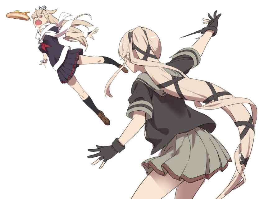 2girls, black_gloves, black_jacket, black_ribbon, black_serafuku, black_skirt, black_socks, blonde_hair, breasts, brown_footwear, cowboy_shot, fingerless_gloves, food, frisbee, from_behind, full_body, gloves, grey_sailor_collar, grey_skirt, hair_flaps, hair_ornament, hair_ribbon, hairclip, highres, jacket, kantai_collection, kneehighs, loafers, long_hair, medium_breasts, multiple_girls, neckerchief, open_mouth, pancake, partially_fingerless_gloves, pink_hair, pleated_skirt, ponytail, red_eyes, red_neckerchief, ribbon, sailor_collar, scarf, school_uniform, serafuku, shoes, short_sleeves, simple_background, skirt, socks, straight_hair, takemura_sessyu, throwing, very_long_hair, white_background, white_scarf, yura_(kancolle), yura_kai_ni_(kancolle), yuudachi_(kancolle), yuudachi_kai_ni_(kancolle)