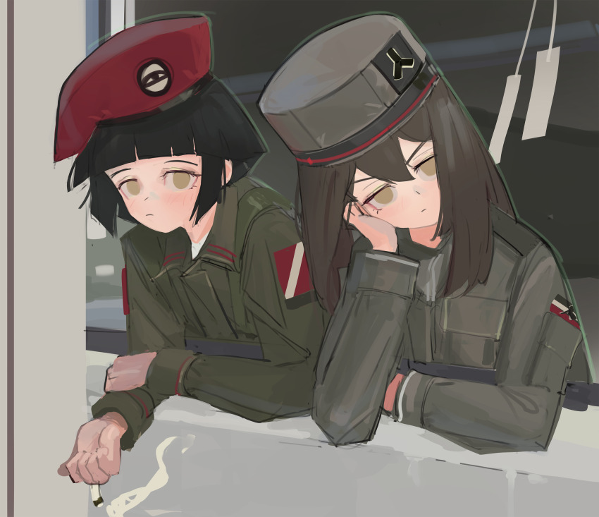 2girls, absurdres, beret, black_hair, brown_eyes, brown_hair, cigarette, closed_mouth, fulgora_(polilla), green_jacket, hat, highres, holding, holding_cigarette, jacket, long_hair, looking_at_viewer, military, military_hat, military_uniform, multiple_girls, original, polilla, red_headwear, short_hair, smoke, smoking
