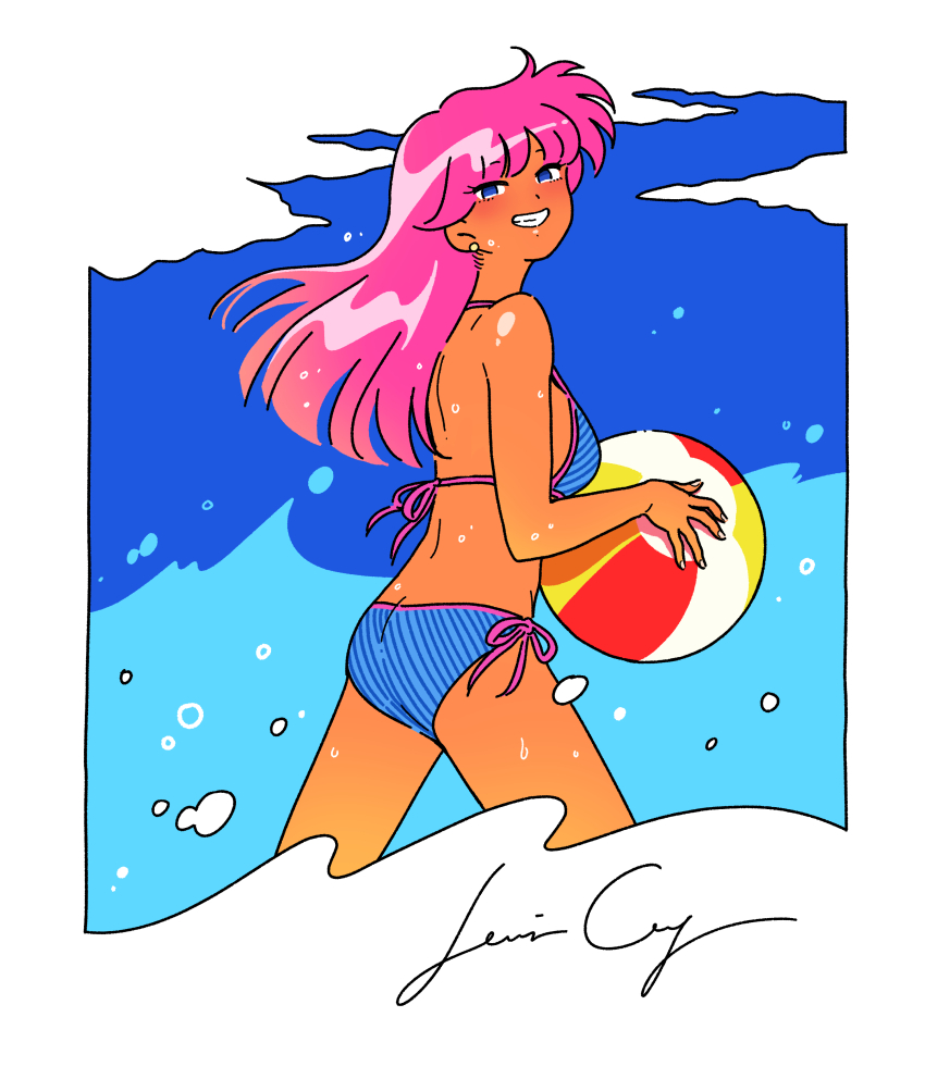 1girl, :d, absurdres, artist_name, ball, bare_shoulders, beachball, bikini