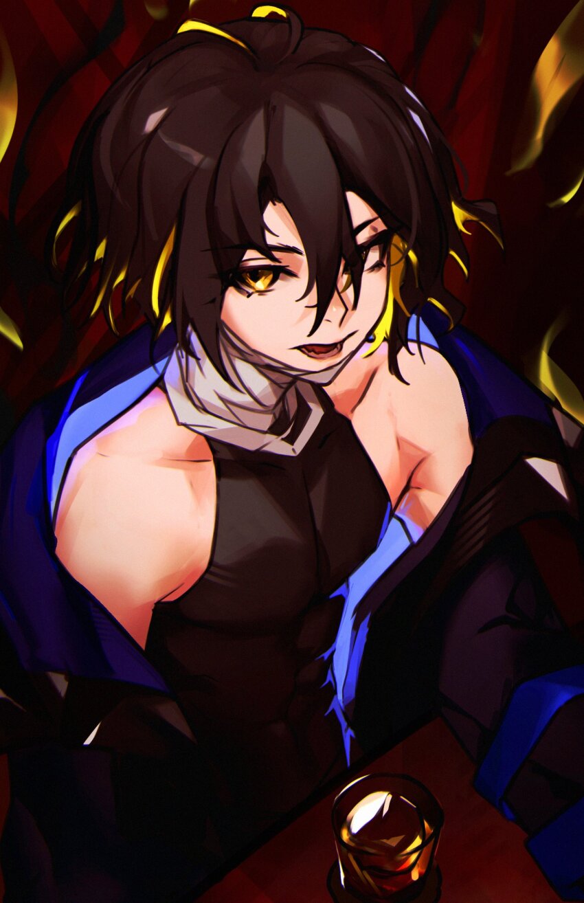 1boy, alchemy_stars, bandaged_neck, bandages, bare_shoulders, black_jacket, black_shirt, blue_eyes