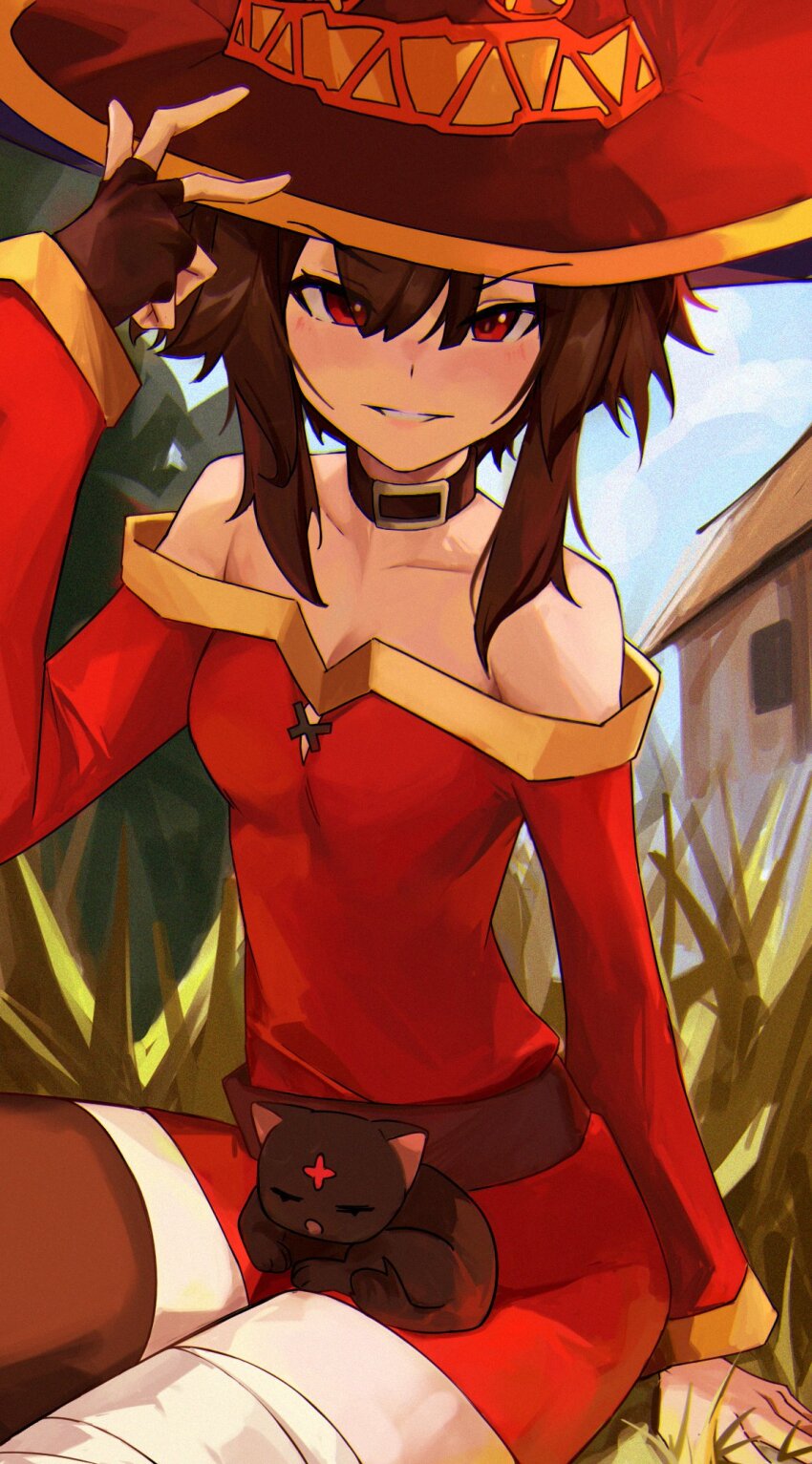1girl, asymmetrical_legwear, belt, belt_collar, breasts, brown_gloves, brown_hair, brown_thighhighs, cat, chomusuke, cleavage, collar, day, dress, fingerless_gloves, gloves, grass, hat, highres, kono_subarashii_sekai_ni_shukufuku_wo!, long_sleeves, looking_at_viewer, megumin, mismatched_legwear, off-shoulder_dress, off_shoulder, outdoors, red_dress, red_eyes, short_dress, sidelocks, single_glove, sitting, small_breasts, smile, smug, solo, thighhighs, vergil_mon, witch_hat