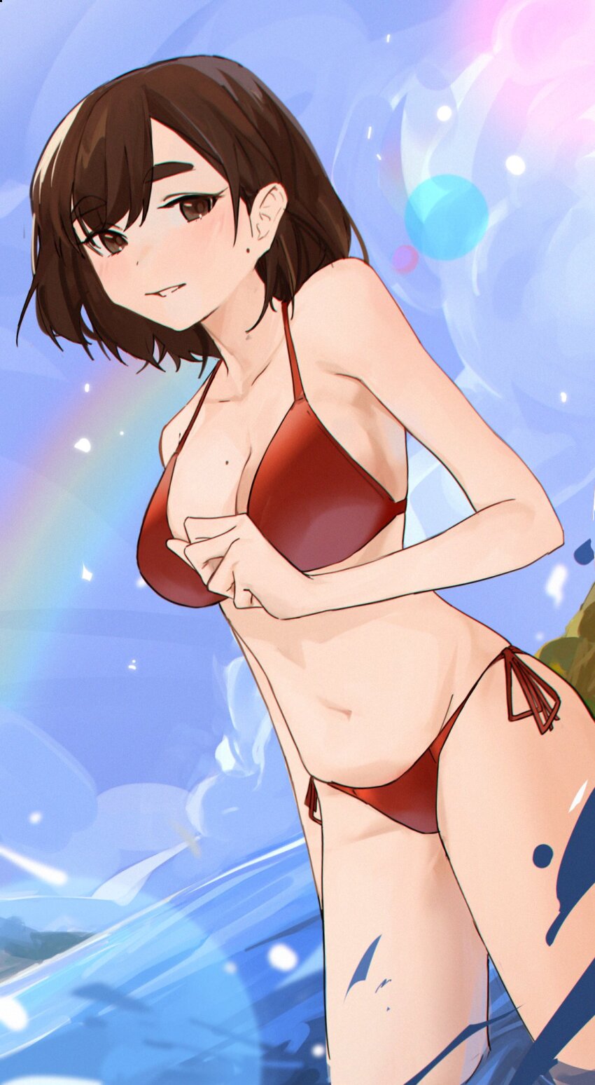 1girl, bare_arms, beach, bikini, blue_sky, breasts, brown_eyes, brown_hair