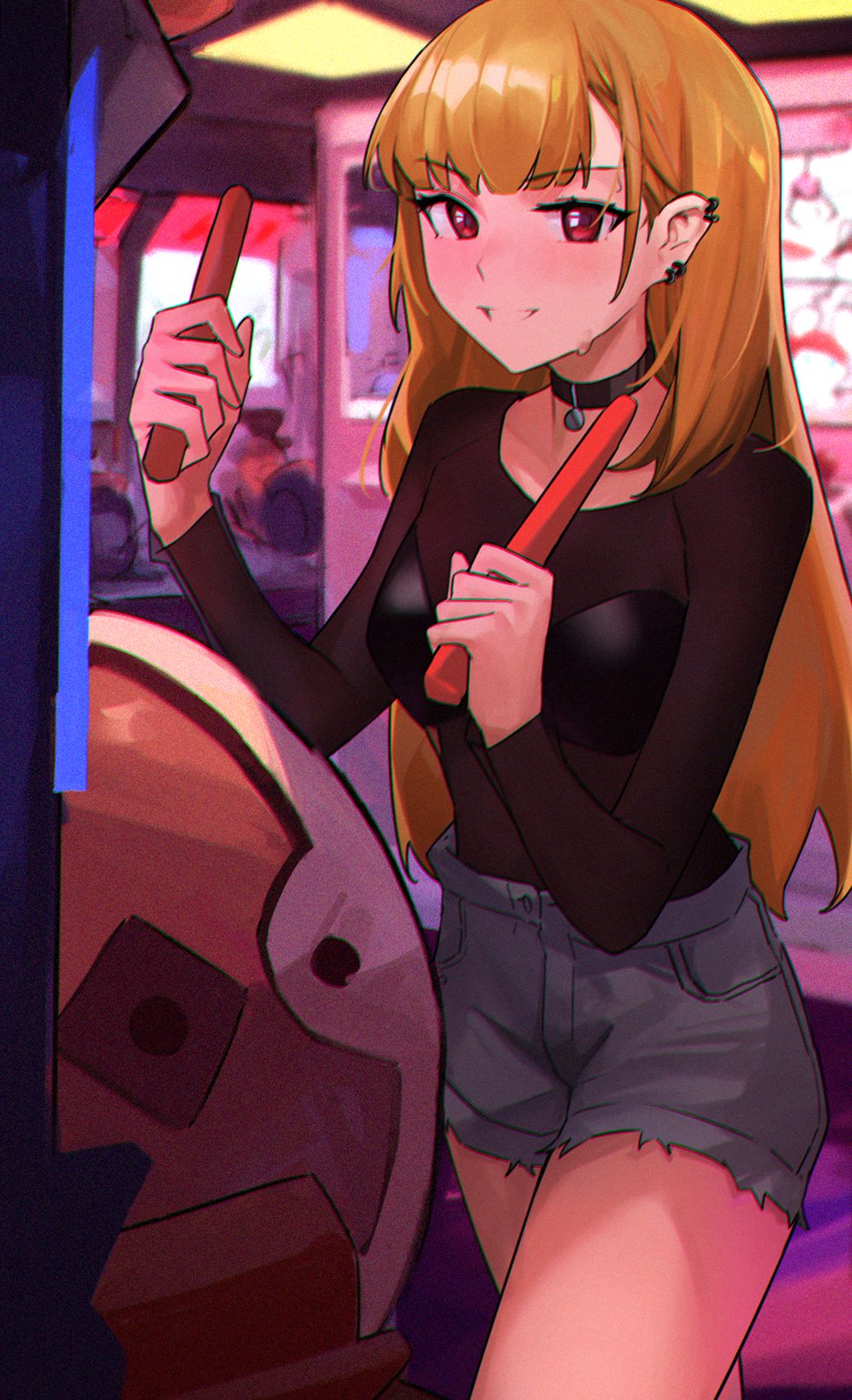 1girl, arcade, arcade_cabinet, bikini_over_clothes, black_choker, blonde_hair, bodystocking, choker, ear_piercing, earrings, grey_shorts, highres, holding, jewelry, kitagawa_marin, long_hair, looking_at_viewer, piercing, red_eyes, short_shorts, shorts, smile, solo, sono_bisque_doll_wa_koi_wo_suru, standing, sweat, taiko_no_tatsujin, vergil_mon