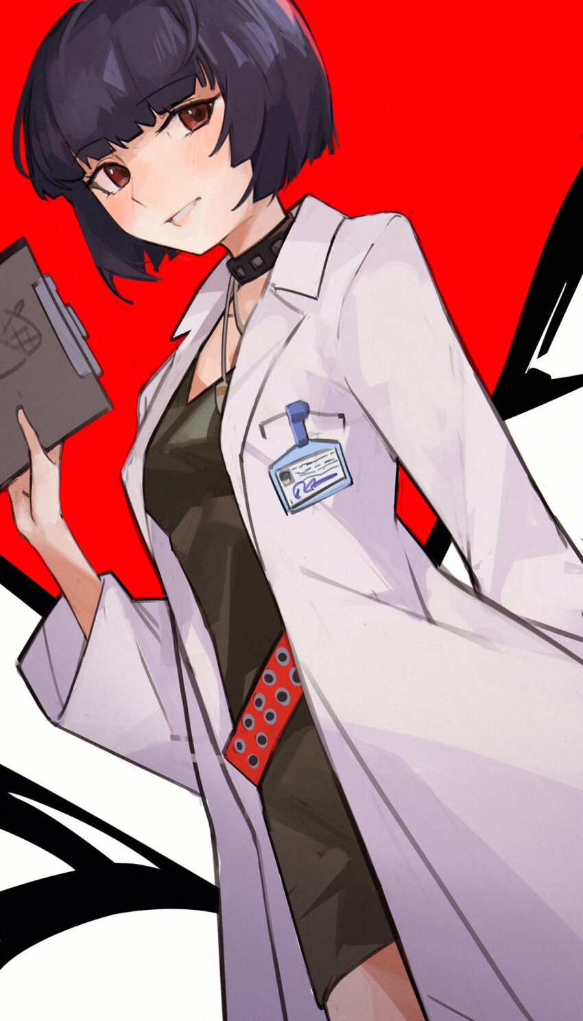 1girl, belt, black_choker, black_dress, black_hair, bob_cut, brown_eyes, choker