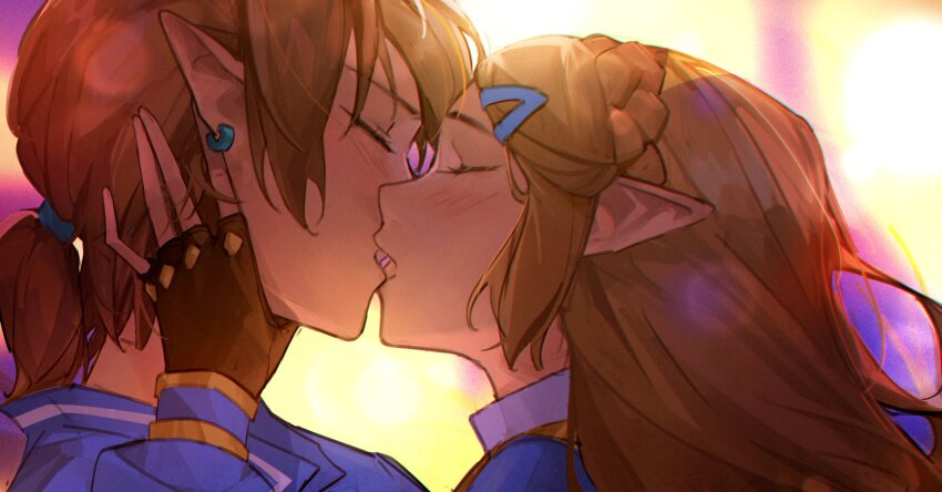 1boy, 1girl, blonde_hair, blue_jacket, brown_gloves, closed_eyes, earrings, fingerless_gloves