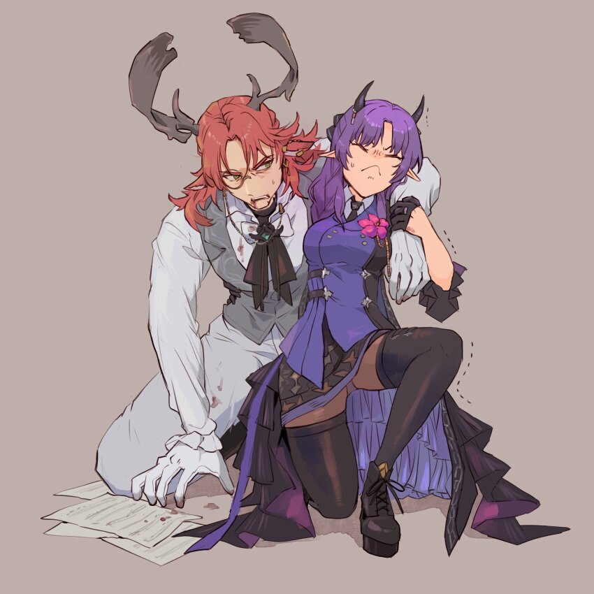 1boy, 1girl, arknights, arm_around_shoulder, black_gloves, black_thighhighs, blood, blood_from_mouth