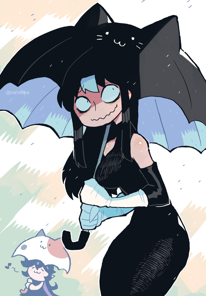 2girls, :3, absurdres, black_dress, black_hair, cat_ear_umbrella, detached_sleeves, dress, gloves, highres, holding, holding_umbrella, long_dress, long_hair, multicolored_hair, multiple_girls, original, rariatto_(ganguri), sanpaku, streaked_hair, umbrella, wavy_mouth, white_gloves, zakuro_(rariatto)