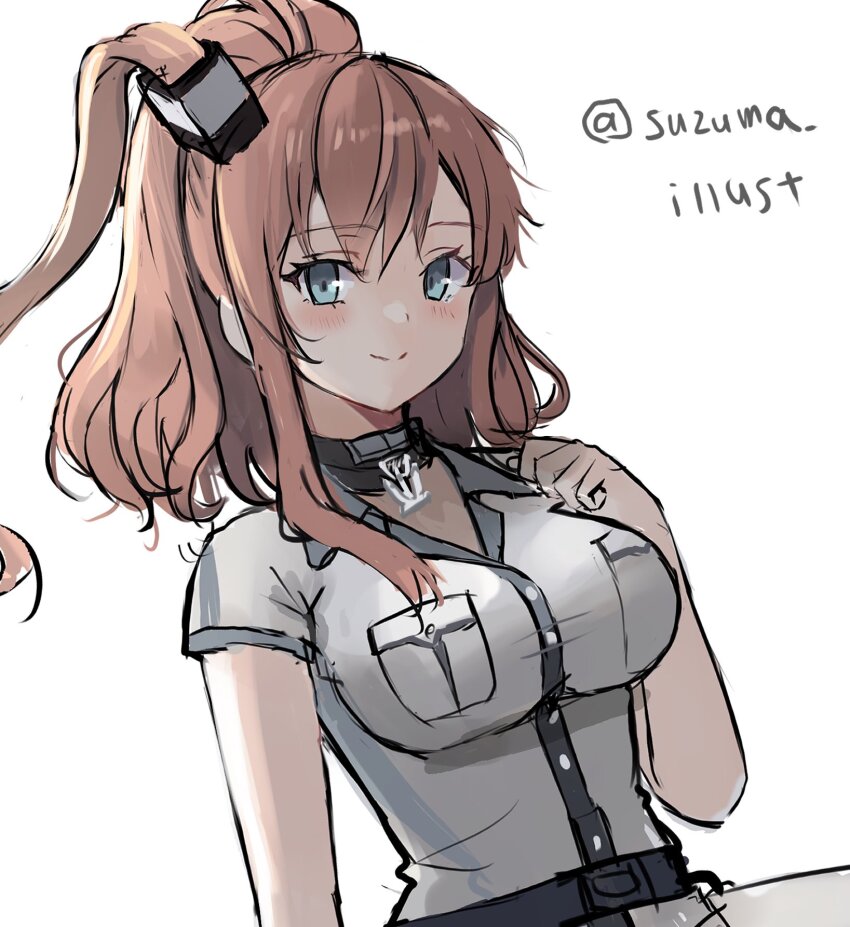 1girl, anchor_necklace, artist_name, belt, black_belt, blue_eyes, blush, breasts