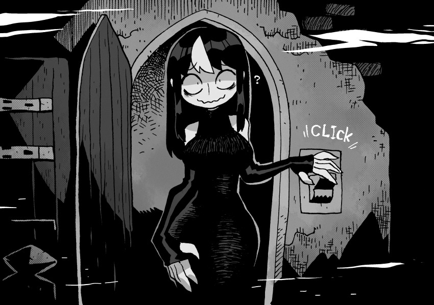 1girl, ?, absurdres, bags_under_eyes, bare_shoulders, breasts, closed_mouth, count_orlok, dark, dress, greyscale, highres, large_breasts, light_switch, long_dress, long_hair, looking_at_viewer, monochrome, multicolored_hair, nosferatu_eine_symphonie_des_grauens, noss_(rariatto), open_door, original, parody, rariatto_(ganguri), redrawn, sanpaku, smile, solo, spongebob_squarepants_(series), streaked_hair, wavy_mouth, white_hair