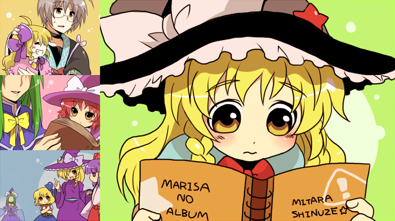 1boy, 4girls, aged_down, alice_margatroid, alice_margatroid_(pc-98), blonde_hair, blush, book, bow, braid, capelet, green_hair, grey_hair, grin, hair_over_one_eye, hairband, hakurei_reimu, hakurei_reimu_(pc-98), hat, hat_ribbon, kirisame_marisa, kirisame_marisa_(pc-98), long_hair, mima_(touhou), morichika_rinnosuke, multiple_girls, mystic_square, photo_album, purple_hair, red_hair, remembering, ribbon, romaji_text, short_hair, smile, star_(symbol), sweatdrop, toto_(hitori_othello), touhou, touhou_(pc-98), witch, witch_hat, yellow_eyes