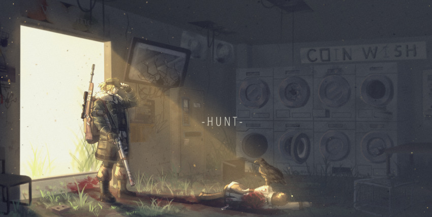 2boys, absurdres, adjusting_clothes, adjusting_headwear, arm_up, backpack, bag, bandaged_leg, bandages, beard, belt, bernice_bolton, bird, black_belt, black_bird, black_survival, blonde_hair, blood, blood_on_ground, blood_trail, bolt_action, boots, broken, chair, closed_mouth, coat, collared_shirt, commentary, corpse, double-barreled_shotgun, english_commentary, english_text, eternal_return:_black_survival, facial_hair, fingerless_gloves, fur_collar, gloves, graffiti, grass, green_coat, gun, hair_between_eyes, high_ponytail, highres, holding, holding_gun, holding_weapon, indoors, knee_pads, light_rays, male_focus, mask, multiple_boys, official_alternate_costume, open_clothes, open_coat, pants, pocket, ponytail, respirator, rifle, saragada, scope, shirt, shotgun, sniper_rifle, standing, table, television, two-tone_footwear, two-tone_gloves, washing_machine, weapon, white_shirt, wide_shot, yellow_bag