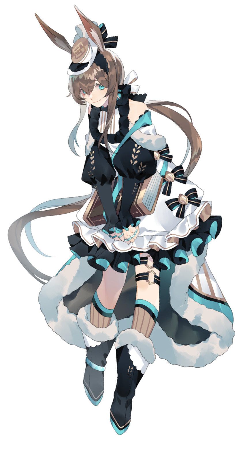 1girl, alternate_costume, amiya_(arknights), animal_ear_fluff, animal_ears, arknights, black_boots, black_bow