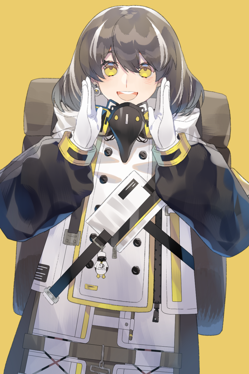 1girl, :d, arknights, blush, brown_hair, chinese_commentary, coat, commentary_request