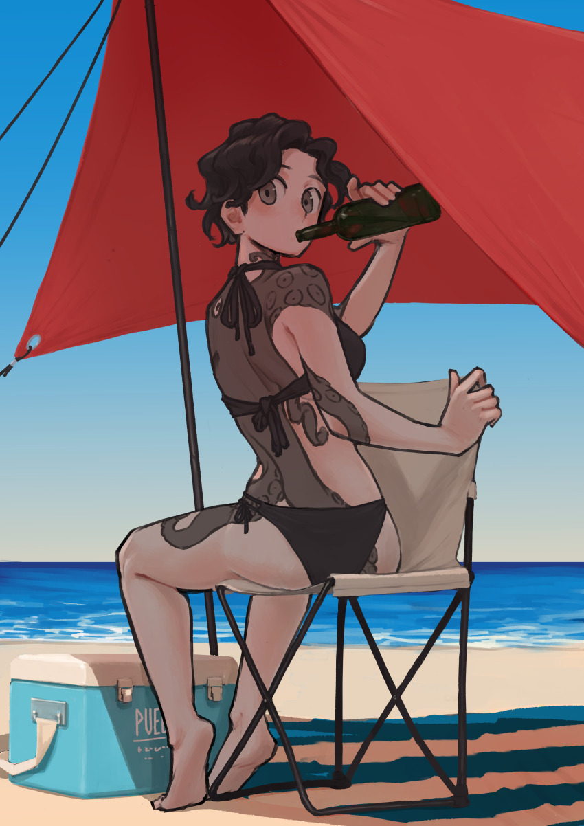 1girl, absurdres, alcohol, ass, back_tattoo, beach, beach_umbrella, beer