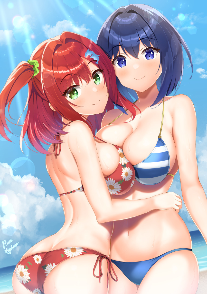 2girls, absurdres, arched_back, arm_at_side, artist_name, ass, asymmetrical_docking, bare_arms, bare_back, bare_shoulders, beach, bikini, blue_bikini, blue_eyes, blue_hair, blue_sky, bob_cut, breast_press, breasts, butt_crack, cleavage, closed_mouth, cloud, collarbone, commentary_request, cowboy_shot, day, dolphin_hair_ornament, dolphin_wave, dutch_angle, floral_print, floral_print_bikini, green_eyes, green_skirt, hair_intakes, hair_ornament, hair_scrunchie, halterneck, hand_on_another's_waist, highres, horizon, large_breasts, lens_flare, light_blush, long_hair, looking_at_viewer, looking_back, medium_hair, multiple_girls, navel, one_side_up, outdoors, pinesphere, print_bikini, red_bikini, red_hair, sakimiya_iruka, scrunchie, short_hair, shoulder_blades, side-tie_bikini_bottom, sidelocks, skindentation, skirt, sky, smile, standing, stomach, strap_gap, striped_bikini, striped_clothes, sunlight, sweat, swimsuit, tojou_michiru, yuri