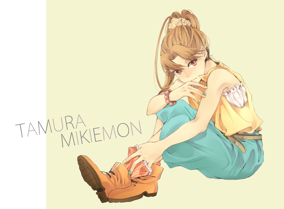 1boy, belt, blue_skirt, blush, bracelet, brown_footwear, brown_hair, character_name