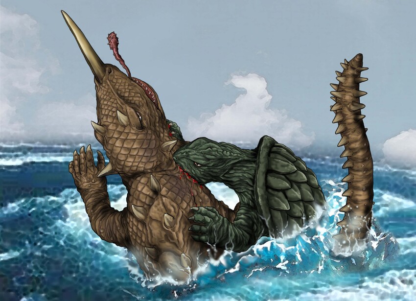 absurdres, asphyxiation, barugon, biting, blood, cloud, daiei_motion_picture, day, drowning, gamera, gamera_(series), gamera_vs._barugon, highres, horns, kaiju, lake, lake_biwa, lizard, long_tongue, nasal_horn, no_humans, overcast, real_world_location, satoru33, single_horn, sky, tail, tongue, tongue_out, turtle, tusks, waves, yellow_eyes